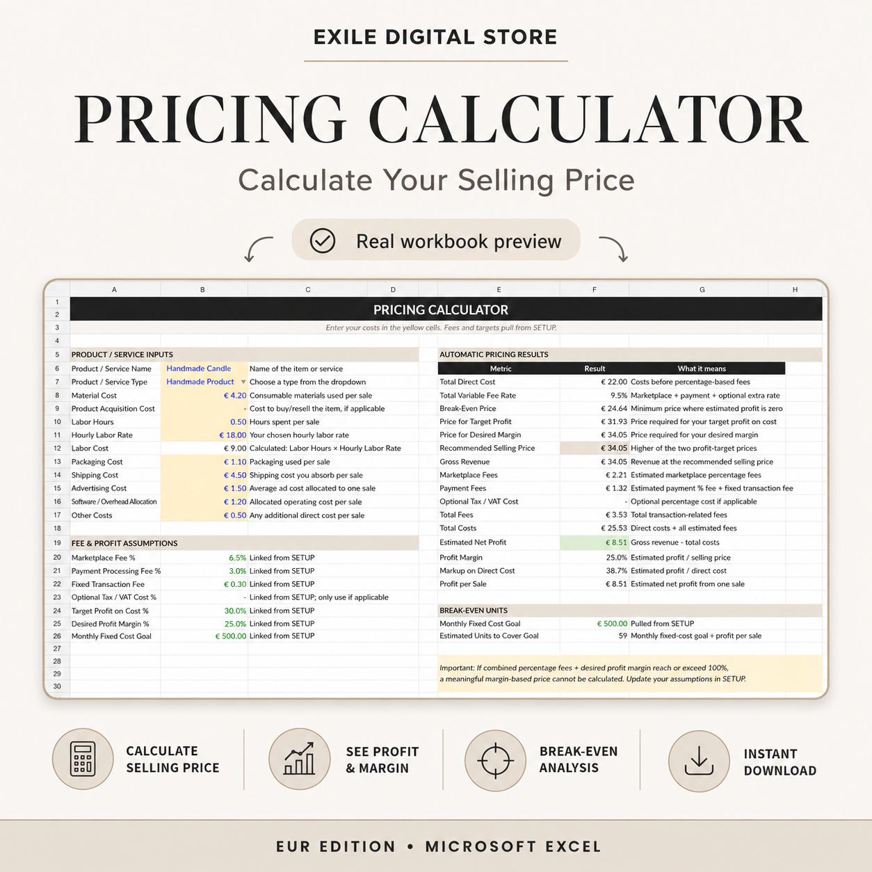 Real Microsoft Excel Product Pricing Calculator workbook preview